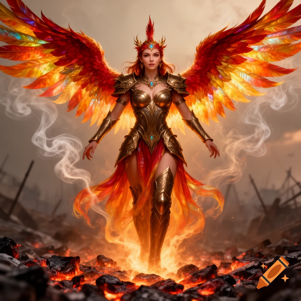 A majestic warrior queen with vibrant red and orange phoenix wings stands on glowing embers in a fiery, desolate landscape. She wears golden armor and a red flowing skirt.