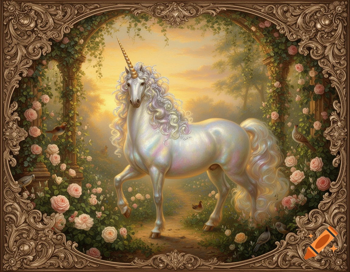 A luminous white unicorn with a golden horn and flowing iridescent mane and tail stands in a lush rose garden, framed by an ornate Victorian border.