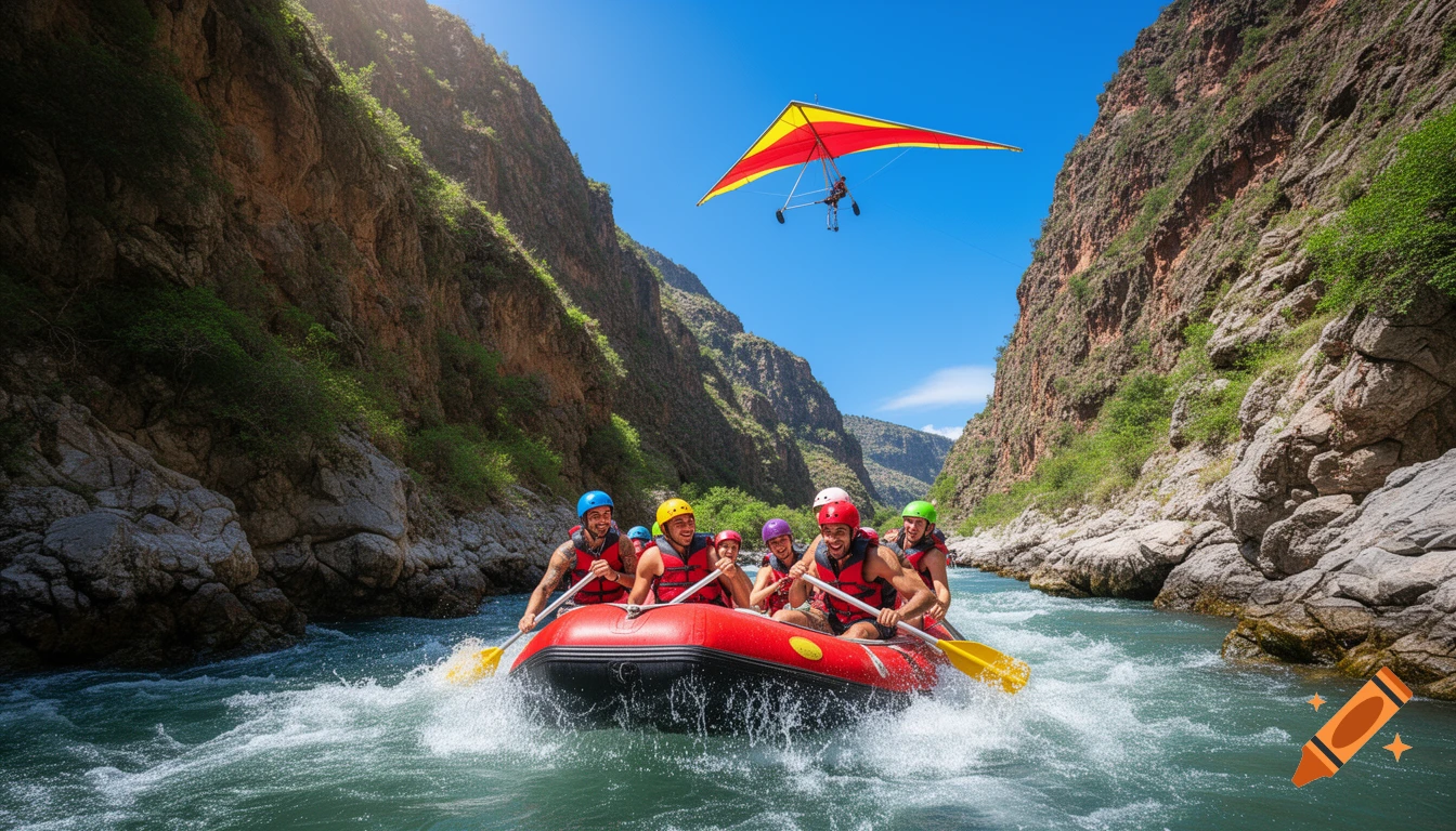 A group white water rafting in a red raft through a canyon with green vegetation, while a colorful hang glider flies overhead under a blue sky.