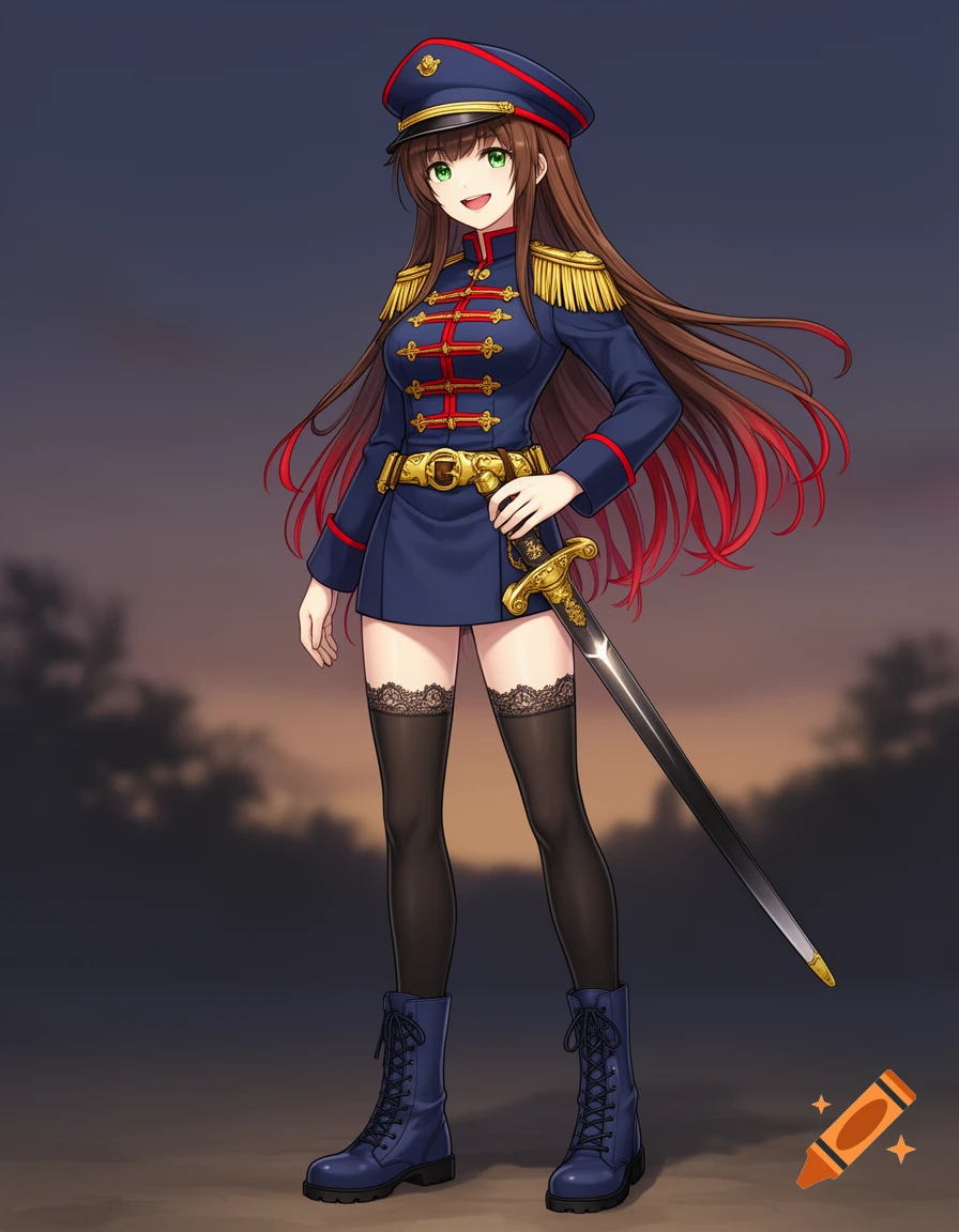 An anime woman with brown hair with red tips, green eyes, wearing a blue military uniform, short skirt, thigh-high lace stockings, boots, and holding a sword.