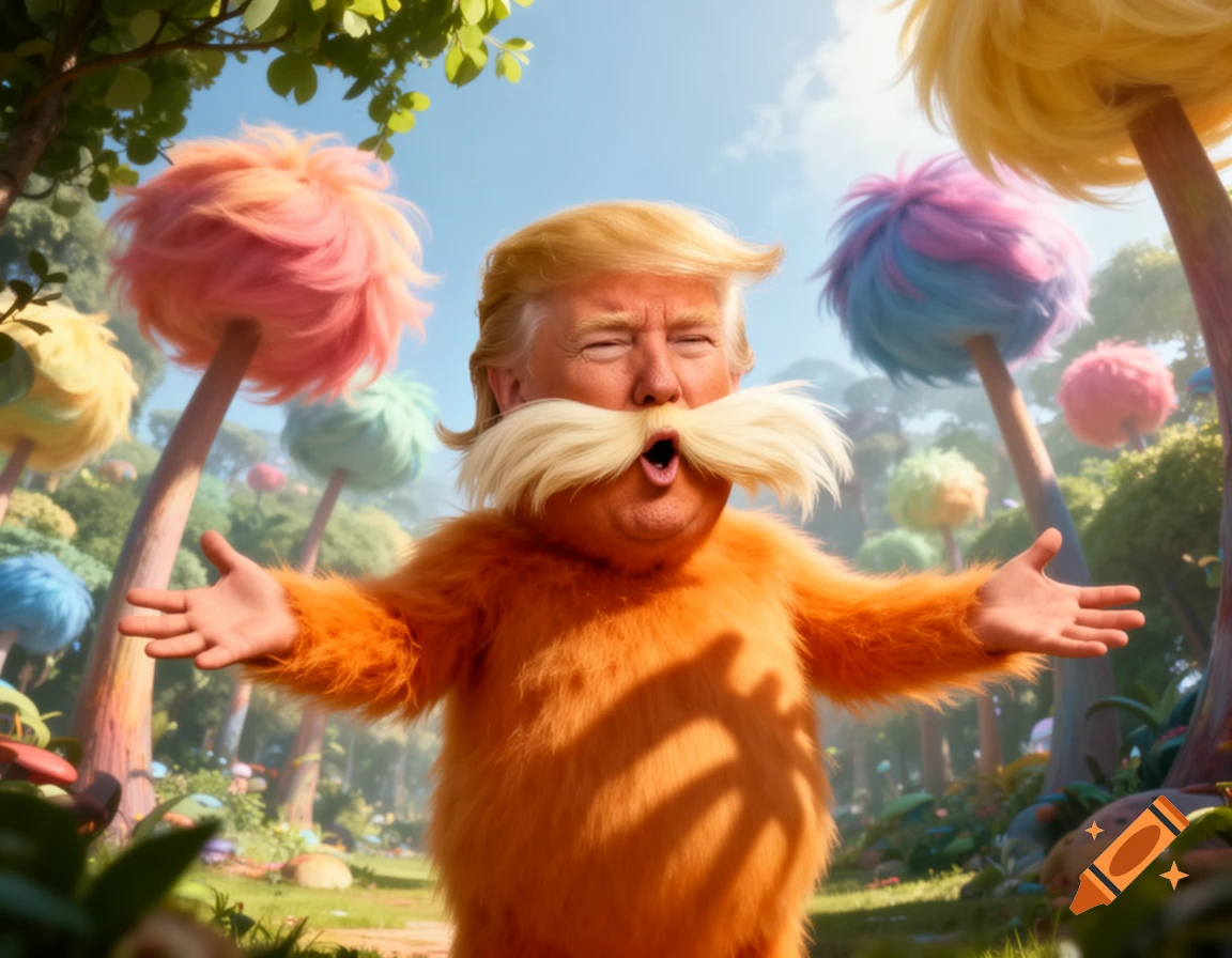 Donald Trump portrayed as the Lorax, standing with arms open in a vibrant, whimsical forest with colorful Truffula trees.