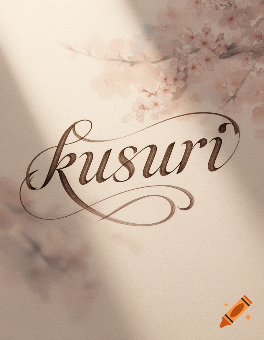 Elegant brown calligraphy spelling "kusuri" on a light background with soft watercolor cherry blossoms and subtle shadows.