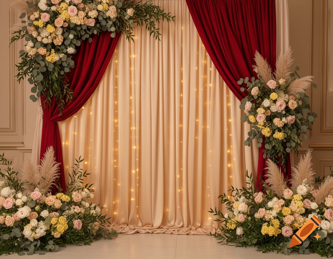 A decorative backdrop with champagne pleated drapes, deep red curtains, pink, yellow, and ivory flowers, eucalyptus, and warm fairy lights.