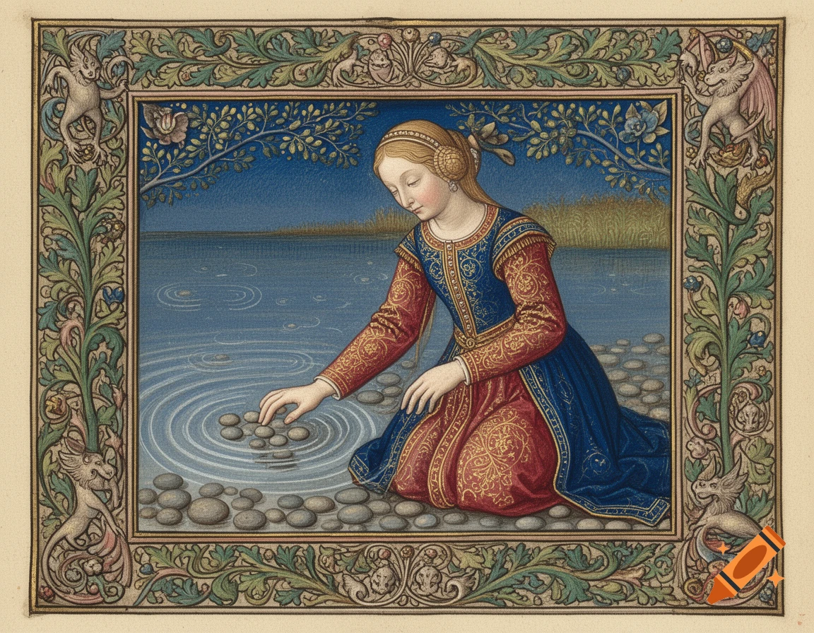 A medieval illuminated manuscript depicts a woman in a blue and red gown kneeling by a lake, touching pebbles in the water, framed by an ornate border.