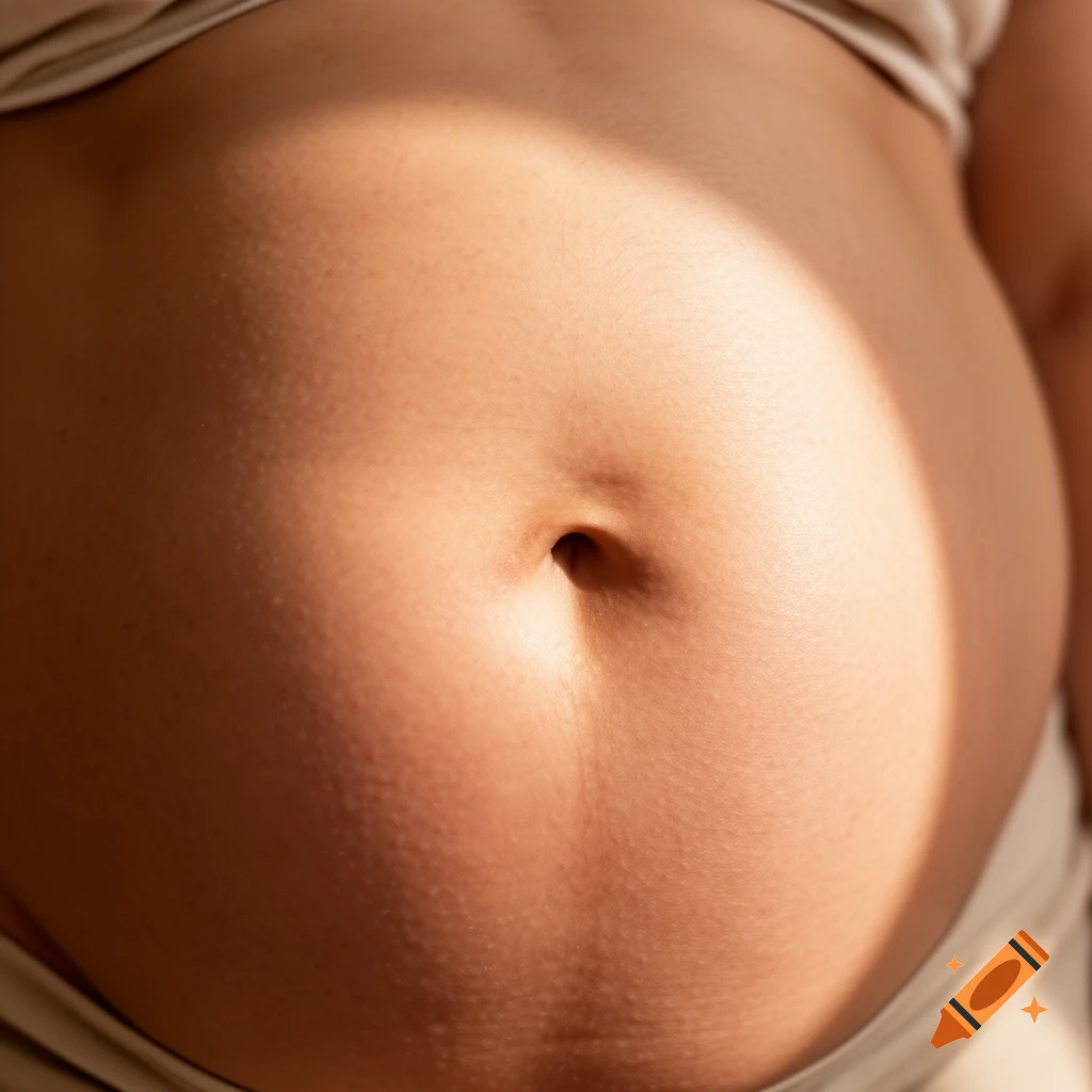 Close-up, photorealistic view of a human stomach and navel, highlighted by soft lighting and shadows.