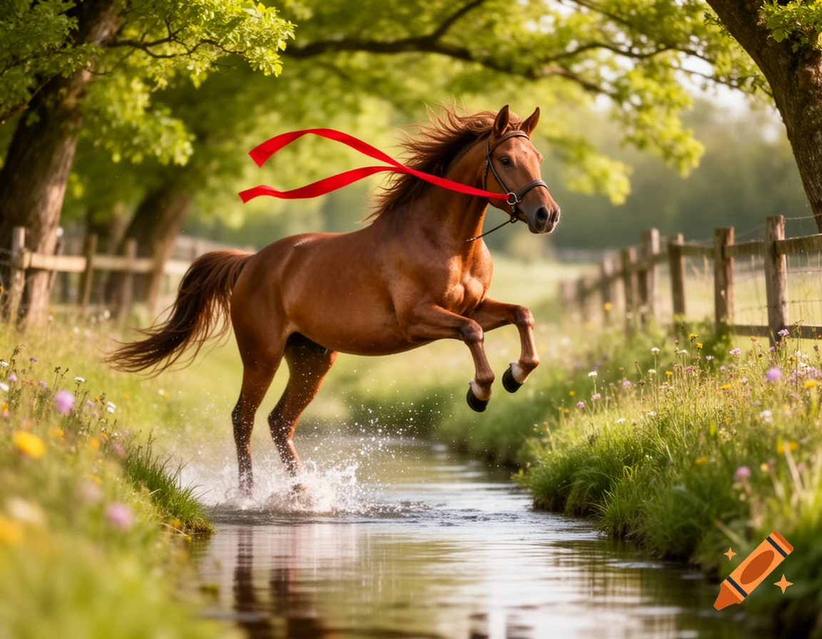 A brown horse with a red ribbon jumps over a stream, splashing water in a lush green environment.
