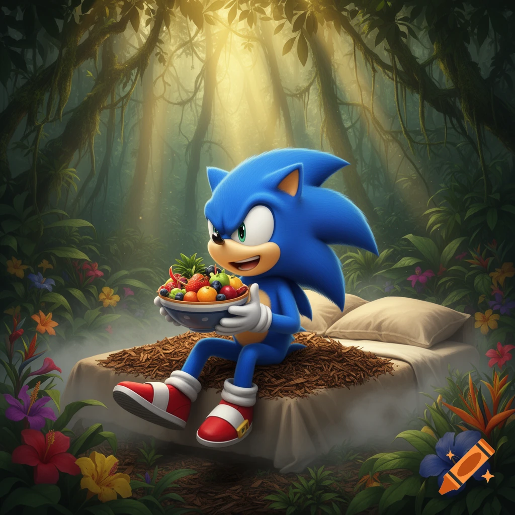 Sonic the Hedgehog sits on a bed covered in mulch, holding a bowl of colorful fruit, in a lush rainforest with sunlight streaming through the trees.
