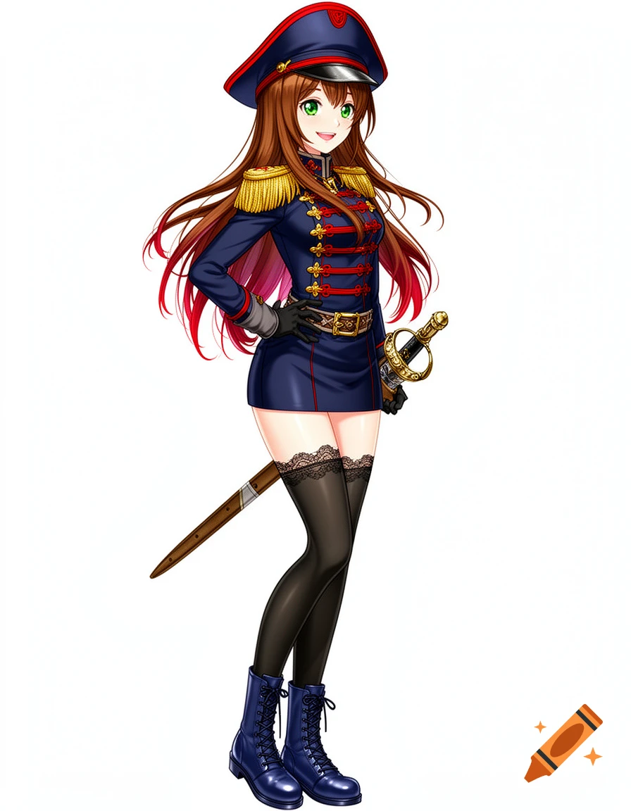 Anime-style young woman in a navy military uniform, short skirt, thigh-high lace stockings, and combat boots, holding a sword.