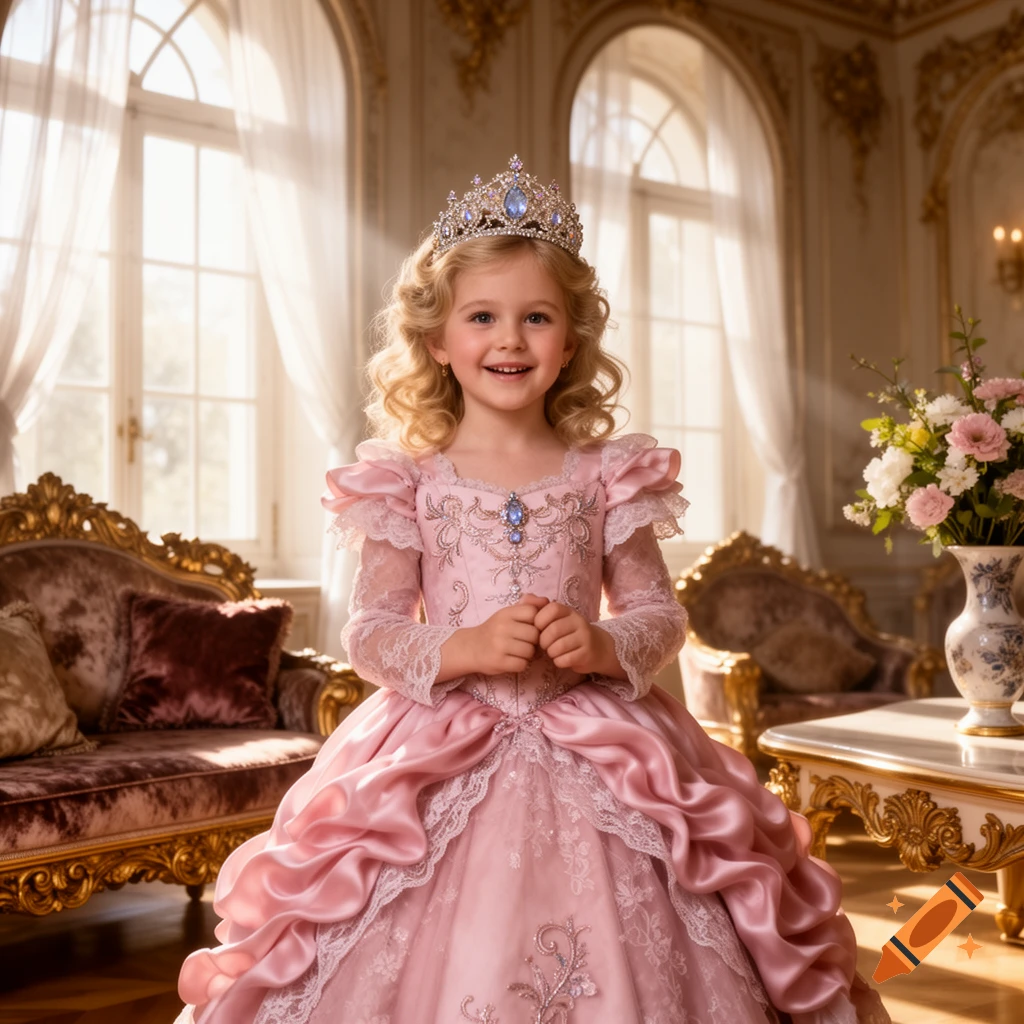 A smiling blonde girl in a pink princess gown and jeweled crown stands in a luxurious room with large windows.