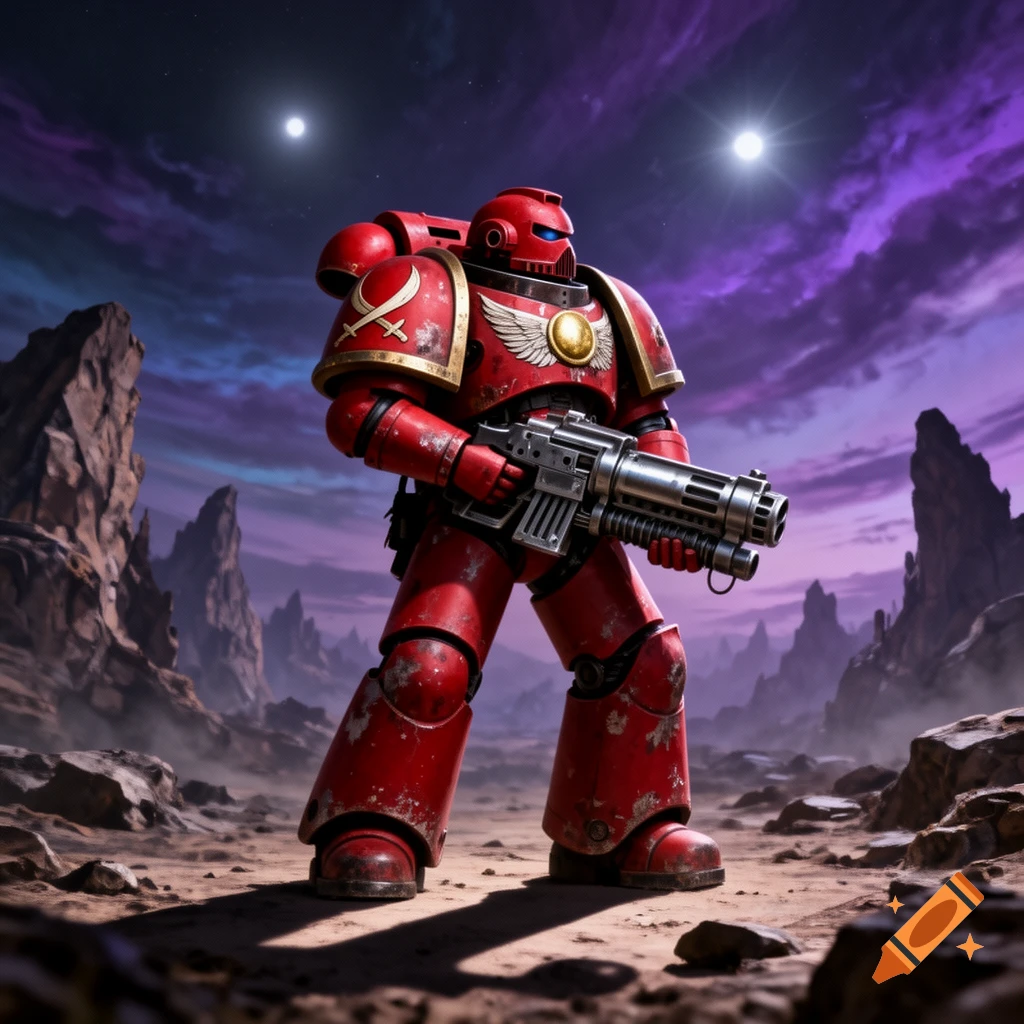 A red armored Space Marine holding a large minigun stands on a rocky alien planet under a vibrant purple and blue sky with two bright moons.