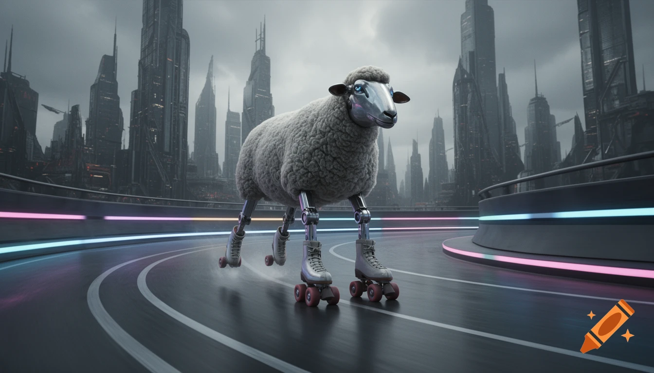 A photorealistic robot sheep with roller skates glides on an elevated track in a dystopian futuristic city.