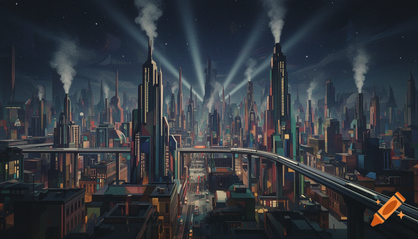 A colorful, futuristic Art Deco city inspired by Metropolis, with towering skyscrapers, elevated monorails, and spotlights piercing a dark, grainy sky.
