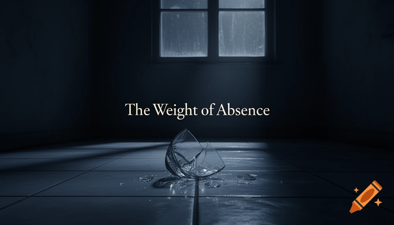Shattered glass on a dark tiled floor in an empty, dimly lit room with a window. Text 'The Weight of Absence'.
