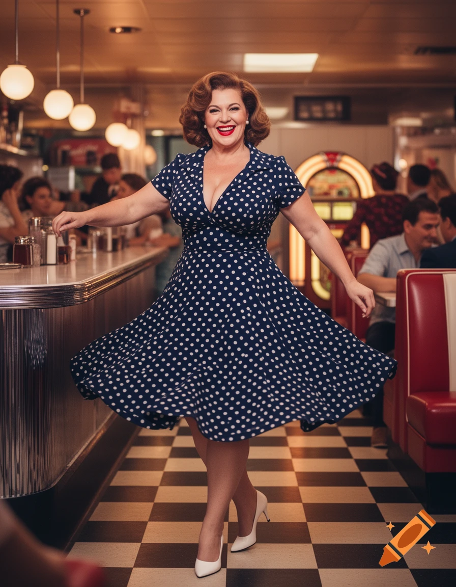 A smiling woman in a blue polka dot dress and white heels dances in a vintage 50s diner.