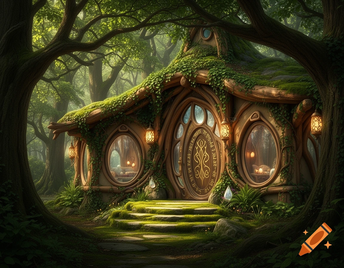 A whimsical, moss-covered elf house built into a large tree in a lush green forest, featuring round windows, glowing lanterns, and an intricately carved door with decorative symbols.