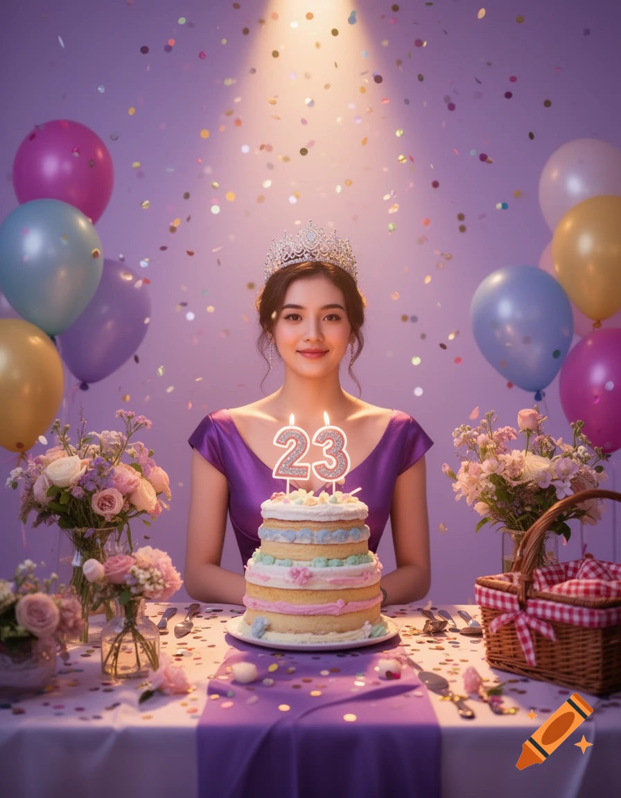 A young woman in a purple dress and tiara smiles at a birthday table with a layered cake, 23 candles, balloons, flowers, and falling confetti.
