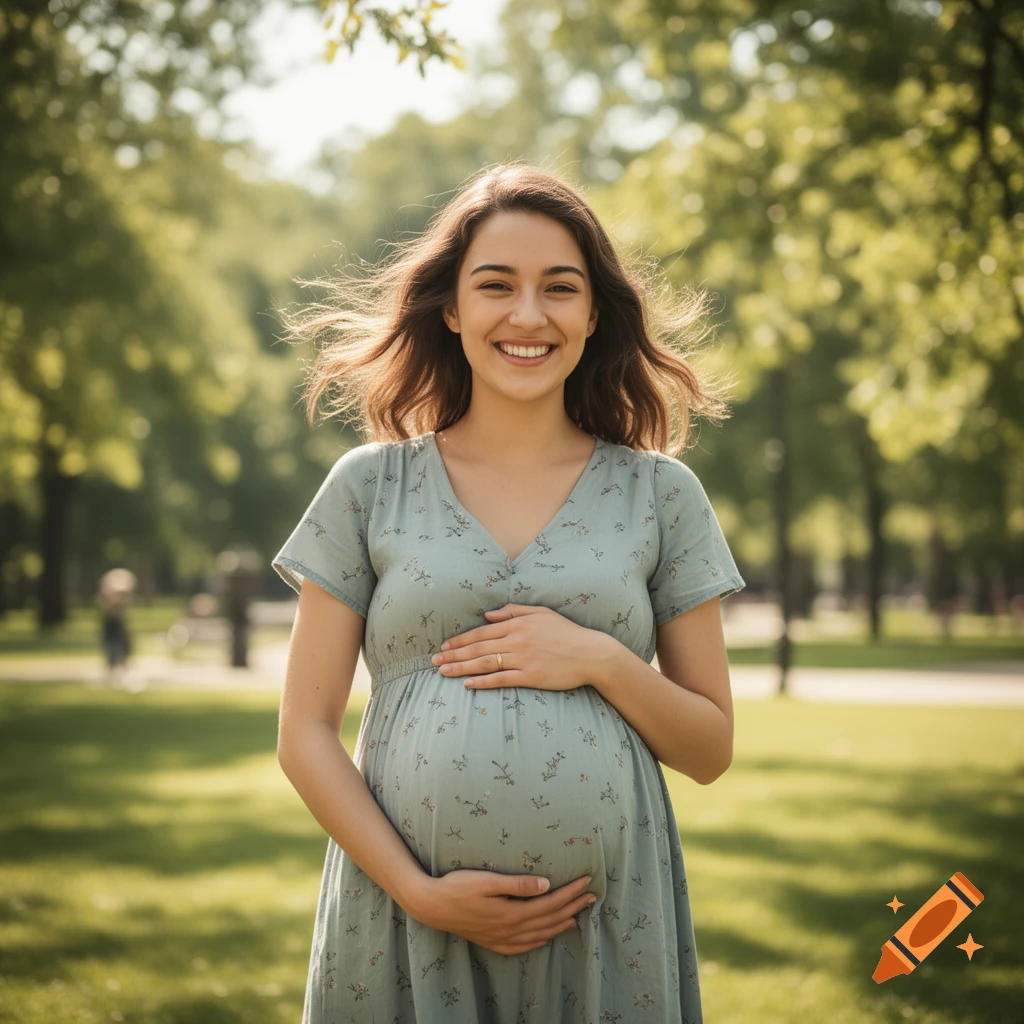 A smiling pregnant woman in a light green floral dress cradles her baby bump in a sunny park.
