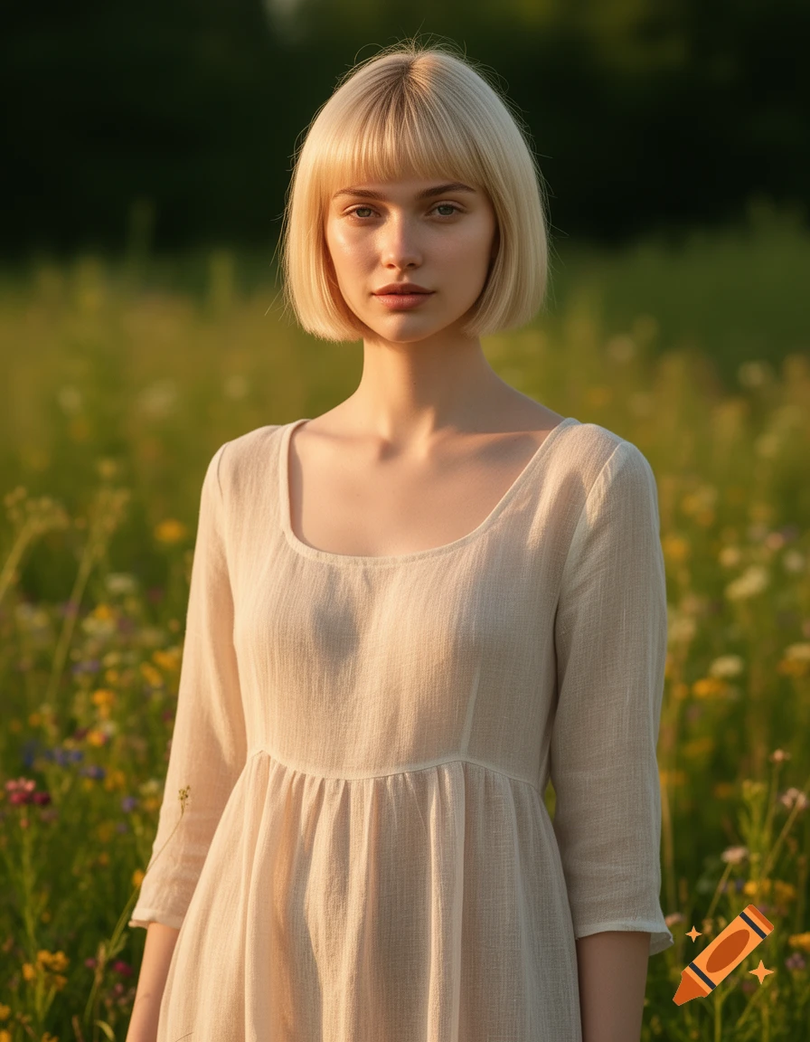 A blonde woman with a blunt bob hairstyle wears a linen dress, standing in a sunny field of wildflowers.