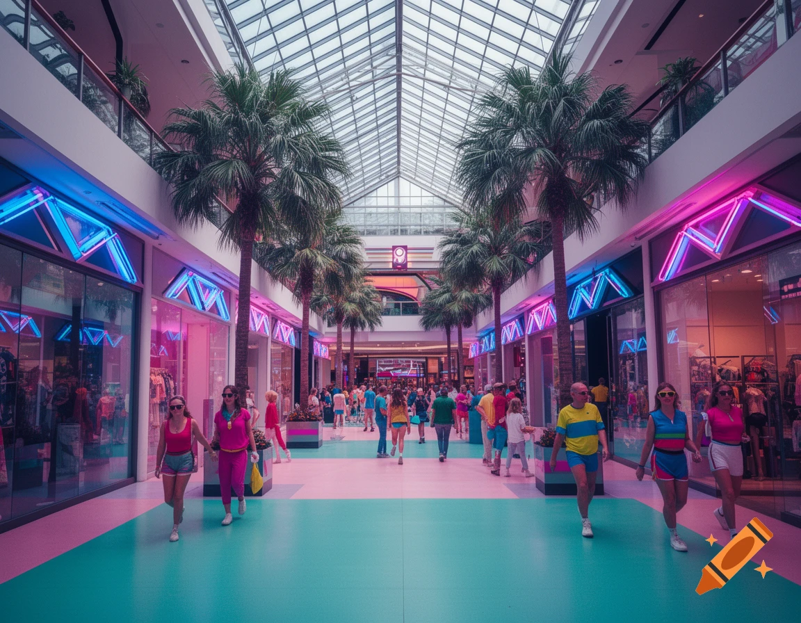 A retro 80s mall with a teal and pink floor, lined with neon lights, palm trees, and shoppers.