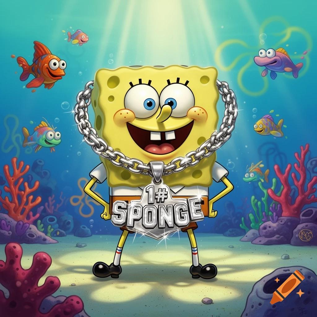Spongebob Squarepants wearing a silver chain with a '1# SPONGE' pendant, smiling underwater with fish and coral.