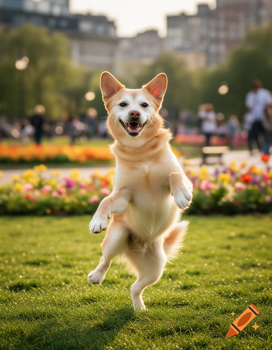 A happy light-furred dog jumps excitedly on its hind legs in a sunny park with green grass and colorful flowers.