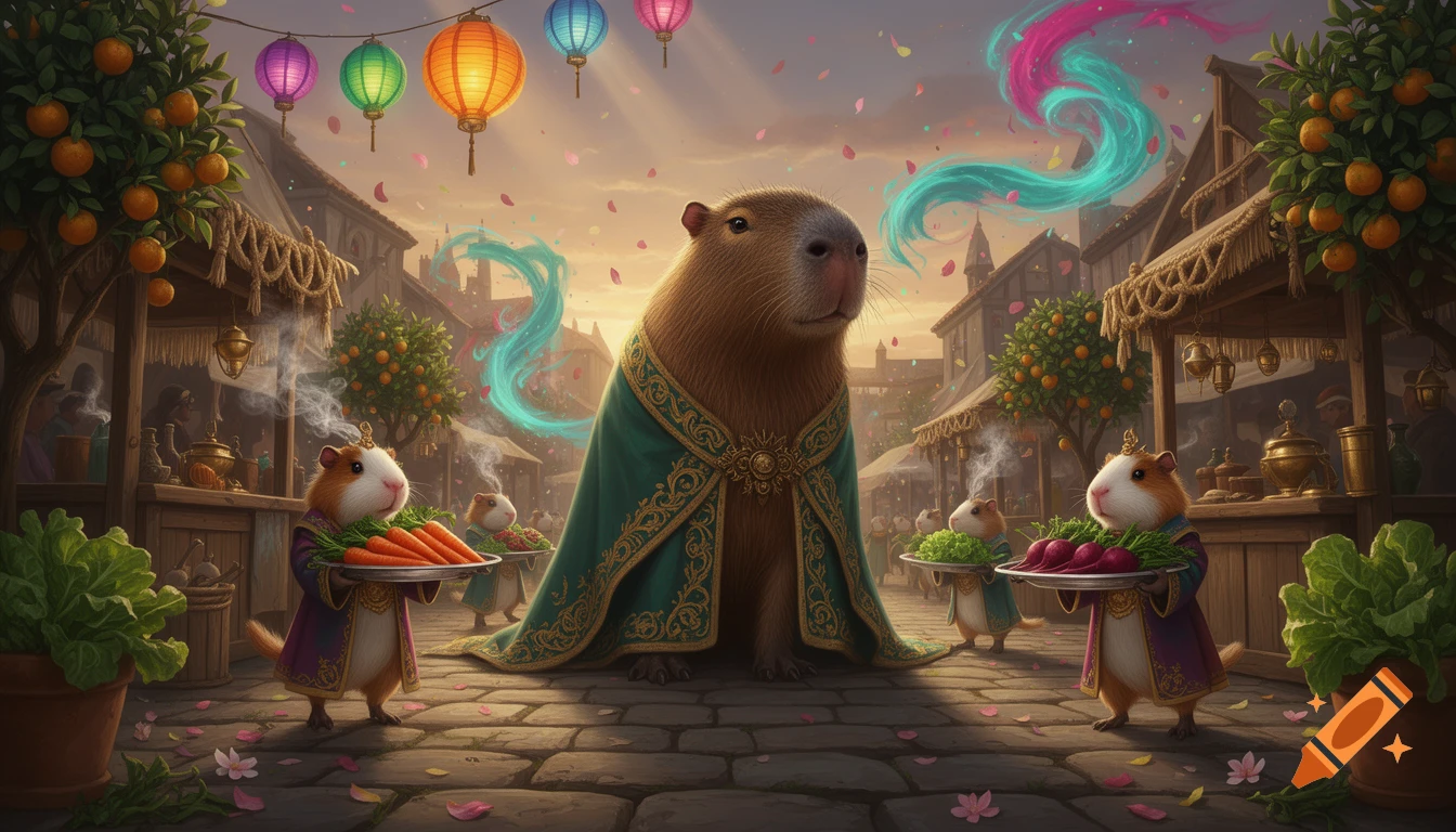A giant capybara in an emerald cloak stands regally in a bustling fantasy market, attended by guinea pigs carrying trays of vegetables. Colorful lanterns and magical swirls fill the golden-hour sky, depicted in painterly high-fantasy realism.