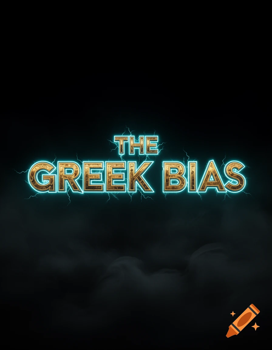 The text "THE GREEK BIAS" in chiseled gold letters with a neon cyan glow on a dark, foggy background.
