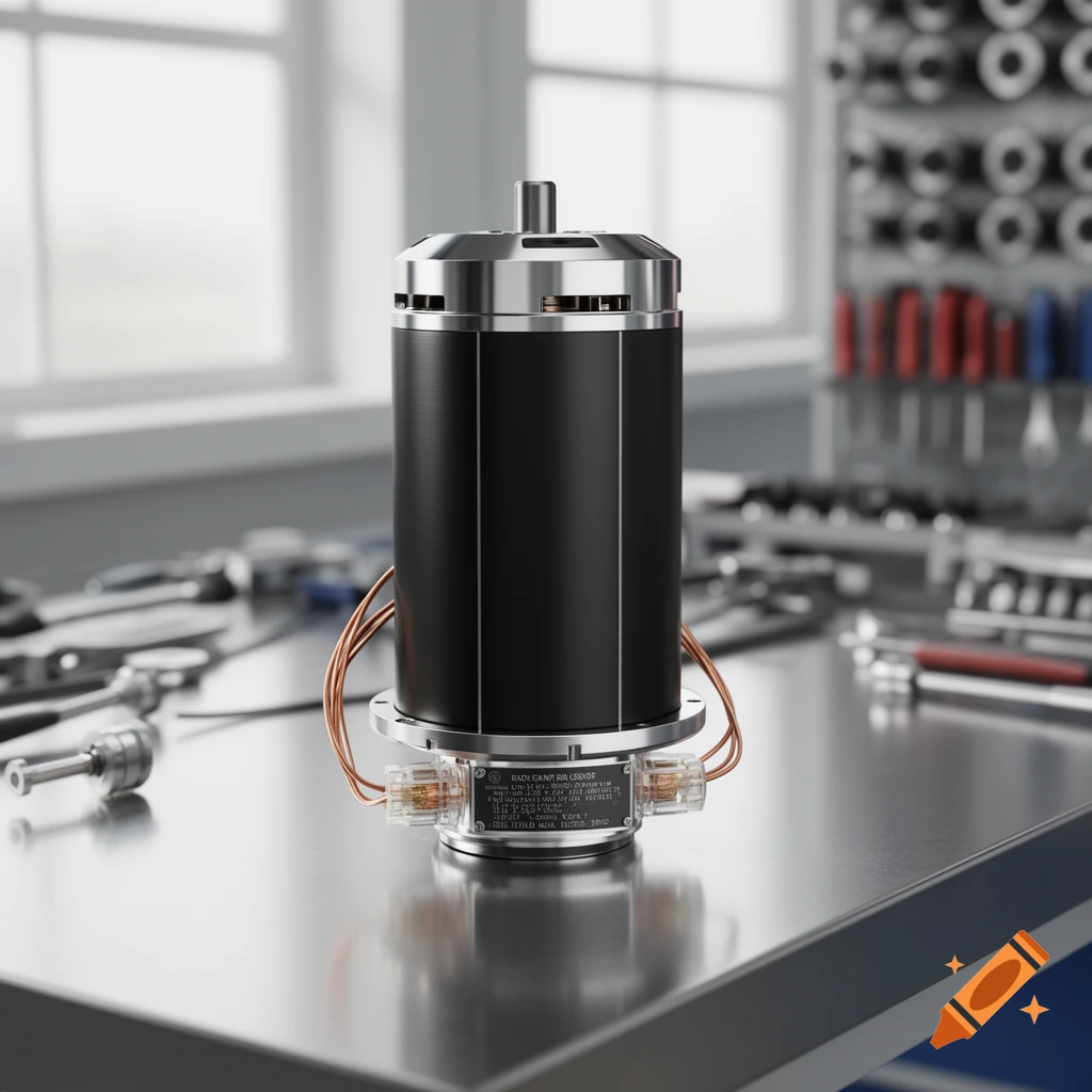 A photorealistic DC motor with copper wires and a silver cap sits on a metallic workbench amidst various tools in a workshop.