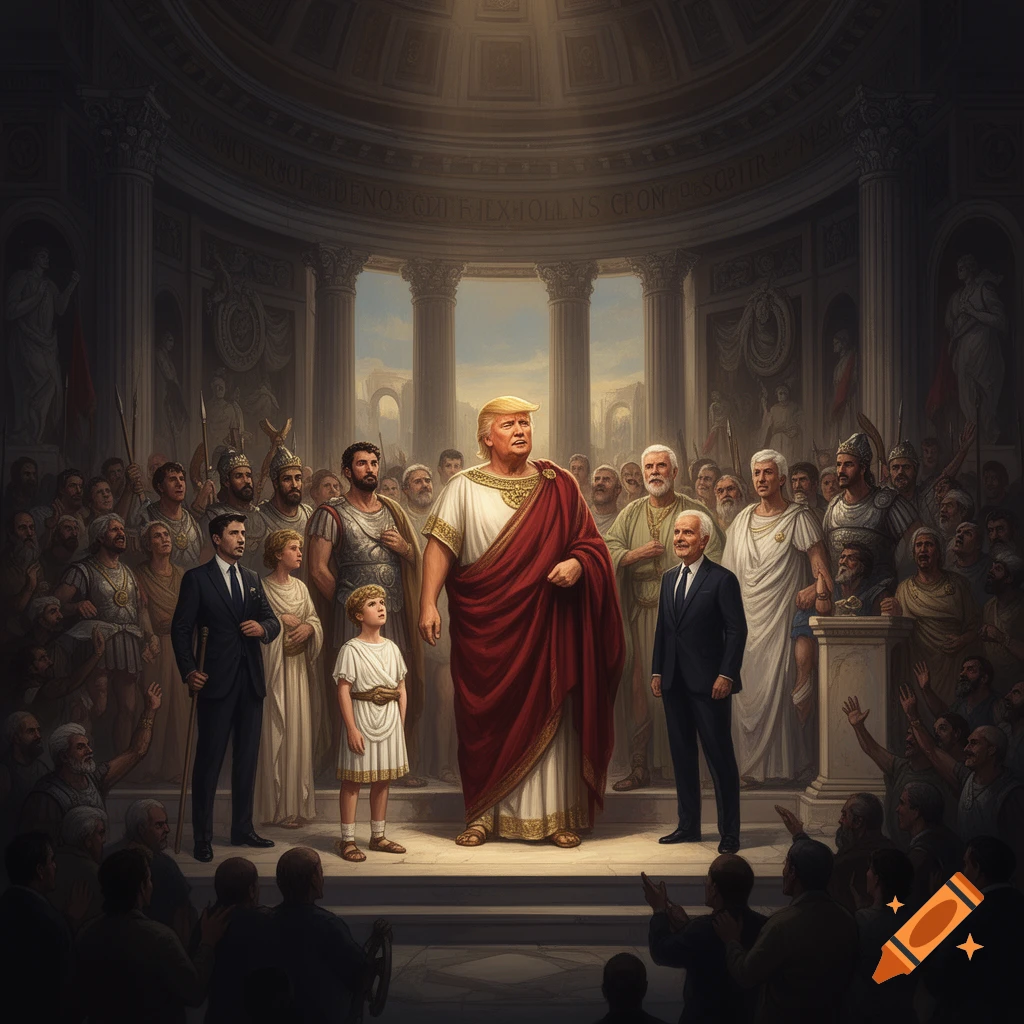 Donald Trump in Roman emperor attire on a podium in a grand hall, surrounded by figures like Joe Biden and Elon Musk. Painting.