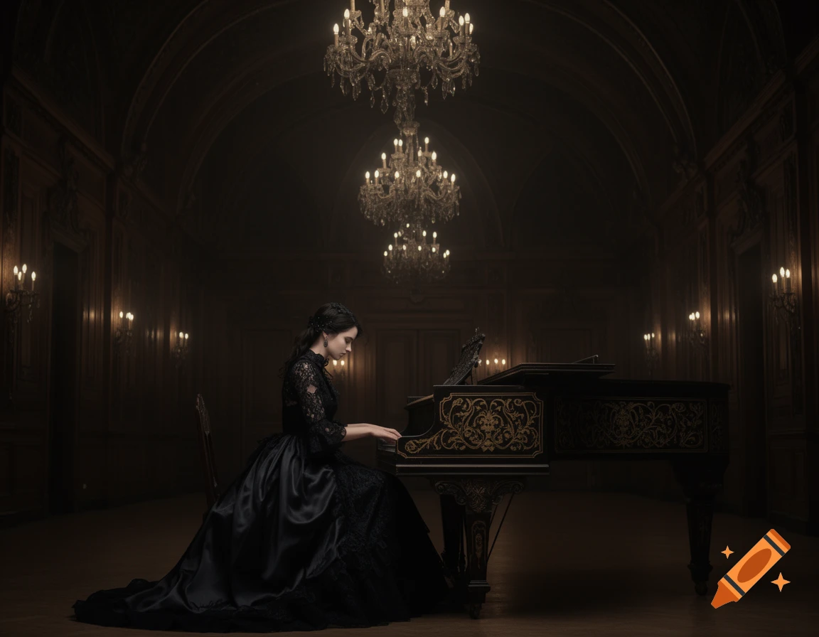 A woman in a dramatic black gothic gown plays an ornate grand piano in a dimly lit, grand hall with chandeliers.