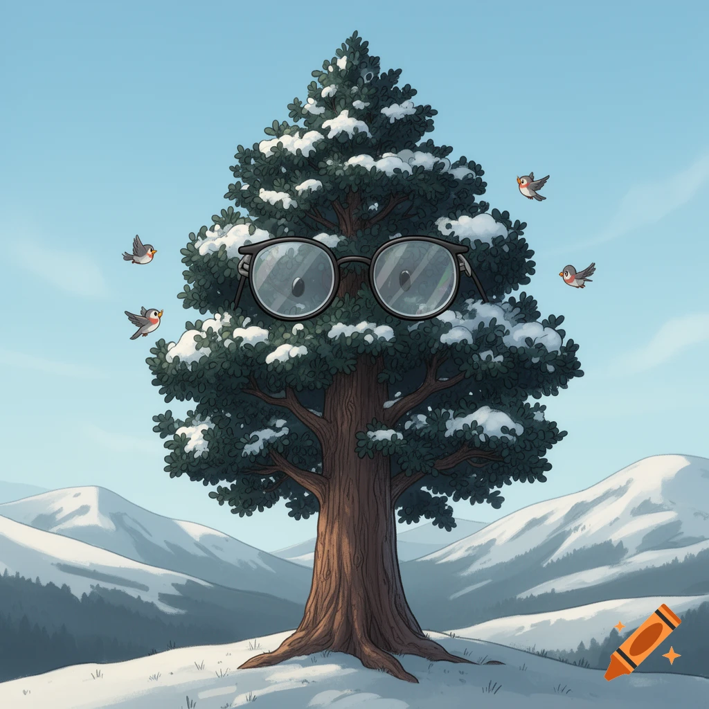 A cartoon alpine tree wearing nerdy glasses stands in a snowy mountain landscape with small birds flying around under a clear sky.