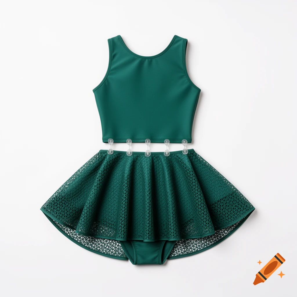 Emerald green girls' architectural swim dress featuring a crop top and a laser-cut mesh skirt, displayed flat on a white background.