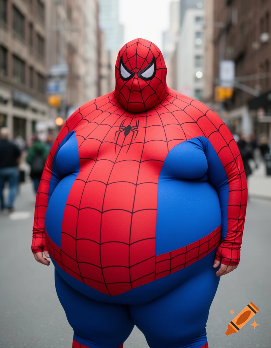 A very obese person in a tight Spiderman suit stands on a city street, looking straight ahead in a photorealistic style.