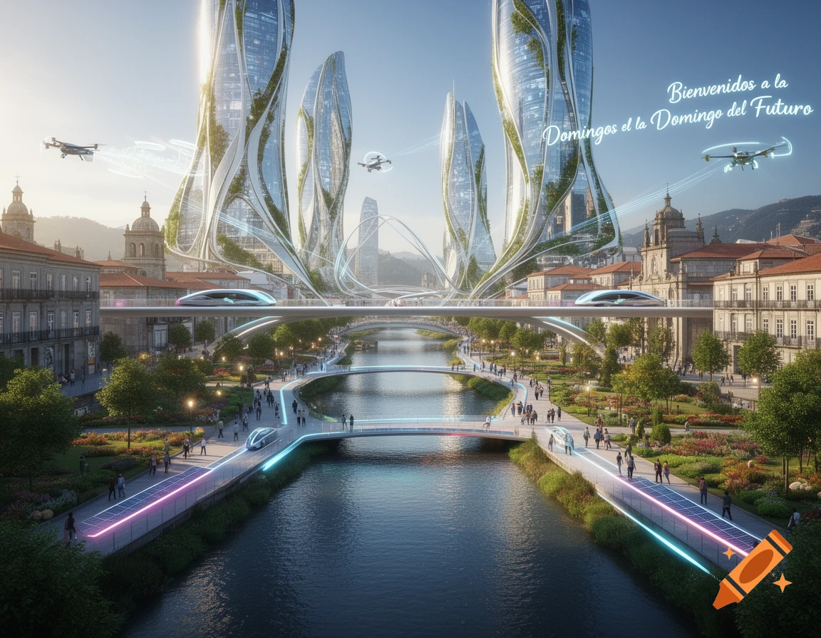 Photorealistic image of a futuristic city with towering green skyscrapers, elevated transportation, drones, and people along a river.