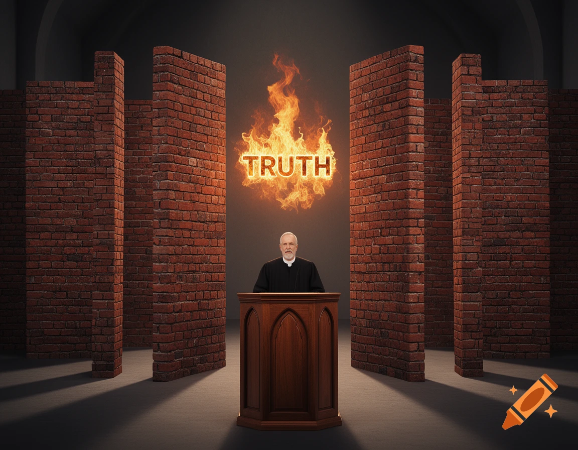 A preacher stands at a wooden pulpit in a dark room with brick walls. Behind the walls, the word TRUTH glows in flames.