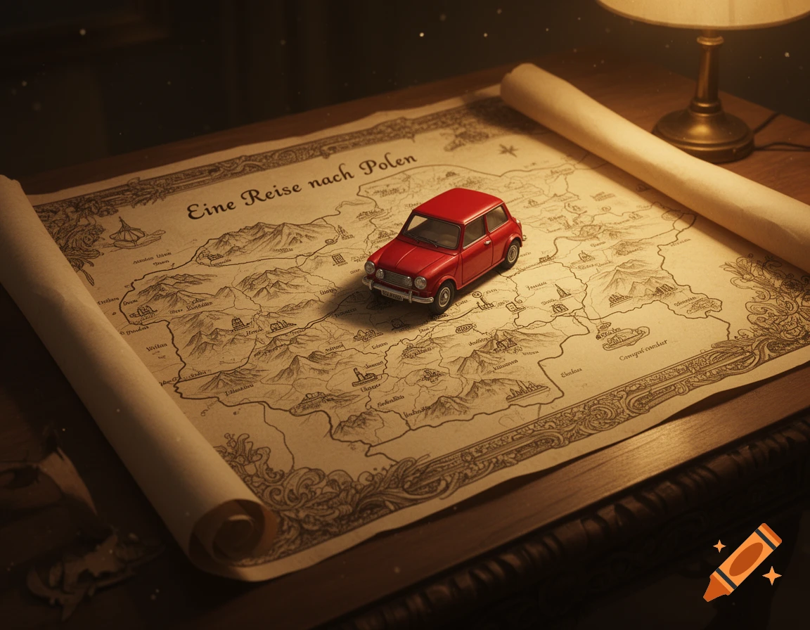 A red toy car on a detailed vintage map of Poland, illuminated by a warm lamp.