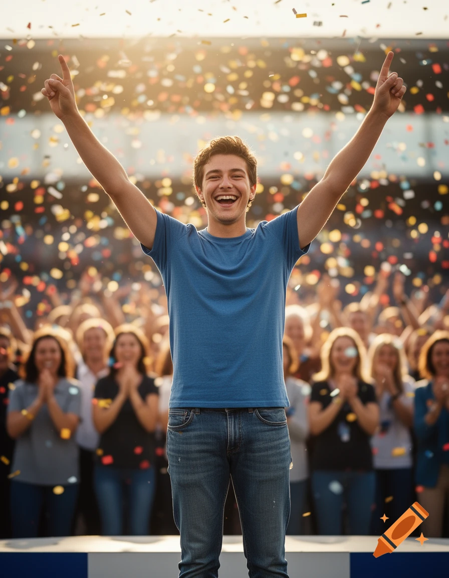 A young man in a blue t-shirt and jeans celebrates on a podium, raising his arms as confetti falls and a crowd claps in the background.