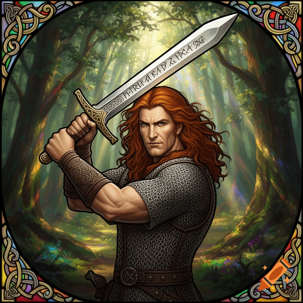 A red-haired warrior in chainmail holds a sword overhead in a lush forest, framed by a stained-glass Celtic knot border.