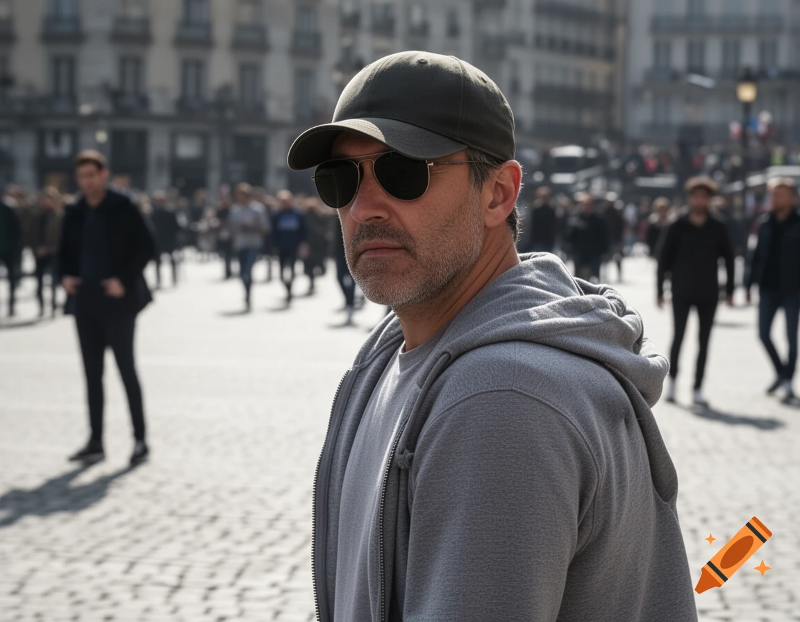 A man in a dark cap, sunglasses, and gray hoodie looks over his shoulder in a sunny, crowded city square.