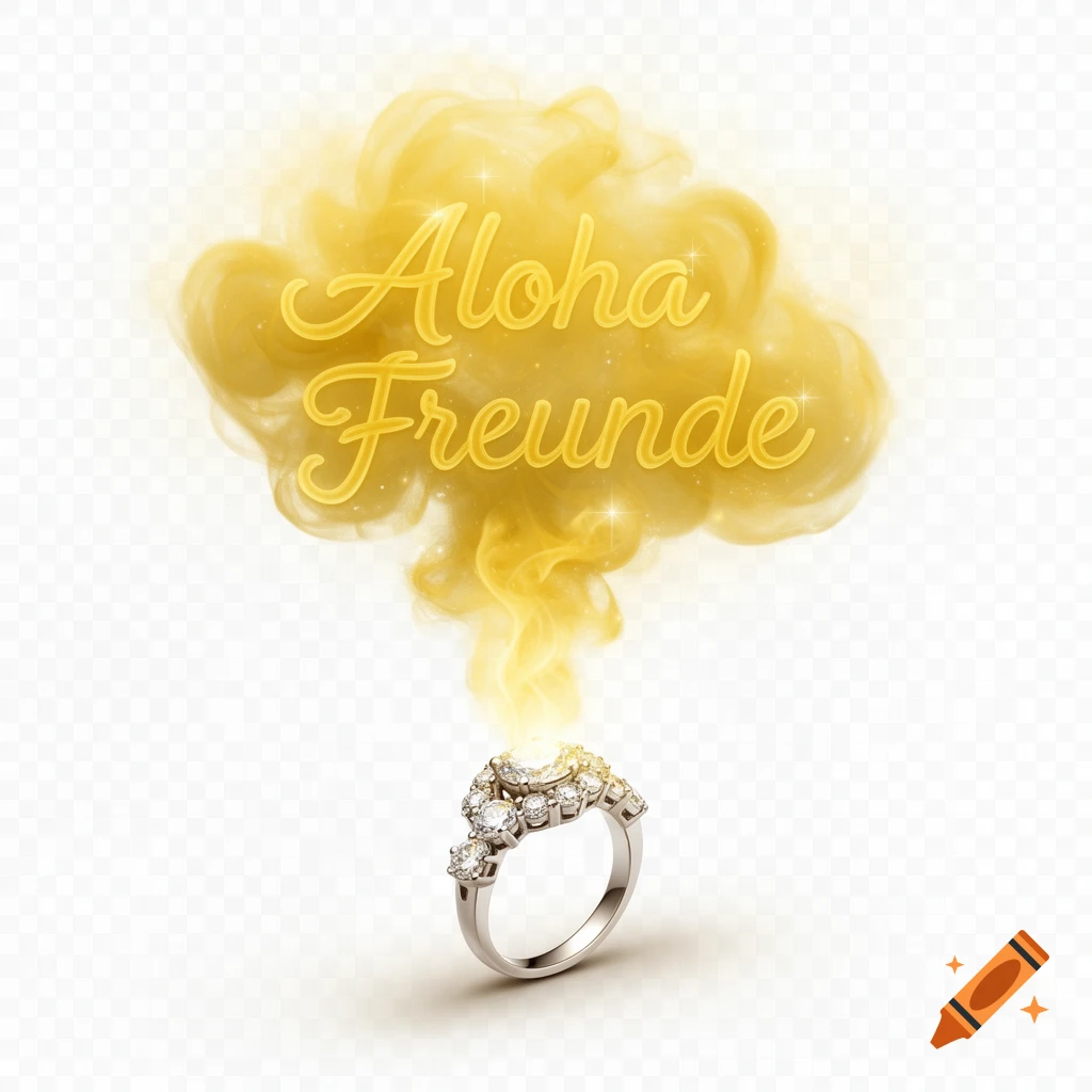 Silver diamond ring emitting a luminous yellow smoke cloud forming the cursive text "Aloha Freunde".