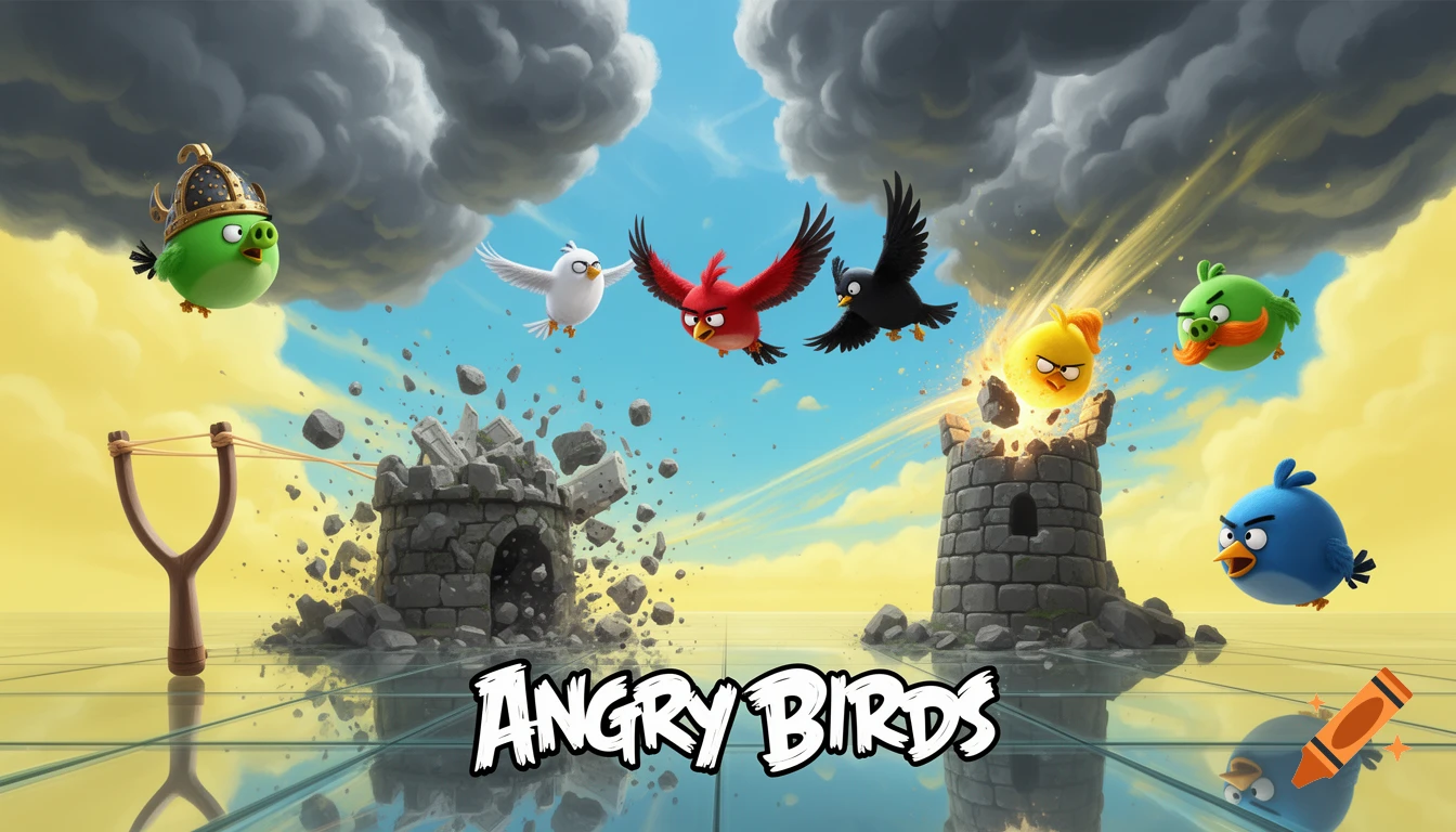 Angry Birds characters fly around crumbling stone towers and a slingshot on a reflective ground under a cloudy sky.