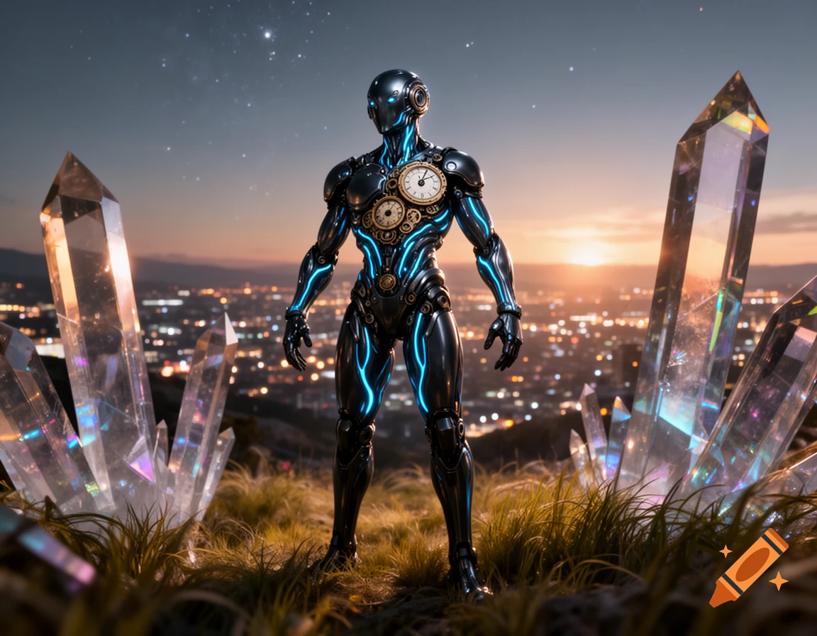 A black robot with glowing blue lines and clockwork chest stands on a hill between large crystals, overlooking a city at sunset.