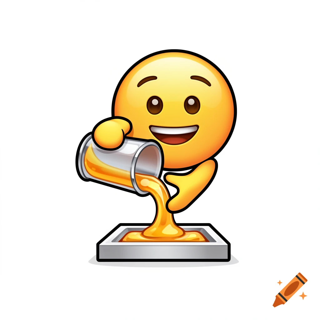 A smiling 3D emoji icon with bold outlines pouring glossy golden liquid into a square mold.