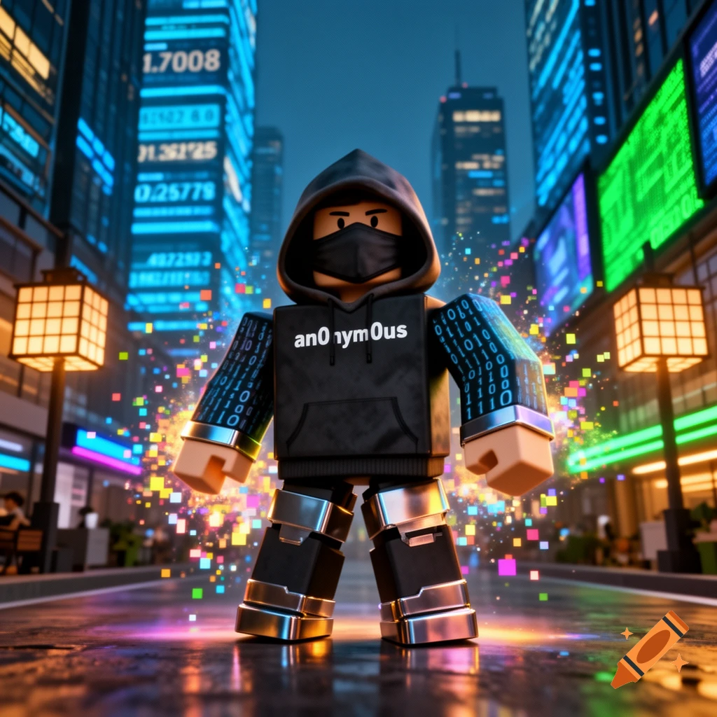 Roblox-style hacker avatar in a futuristic city with digital numbers and glowing pixels, wearing a black hoodie with 'an0nym0us' text.