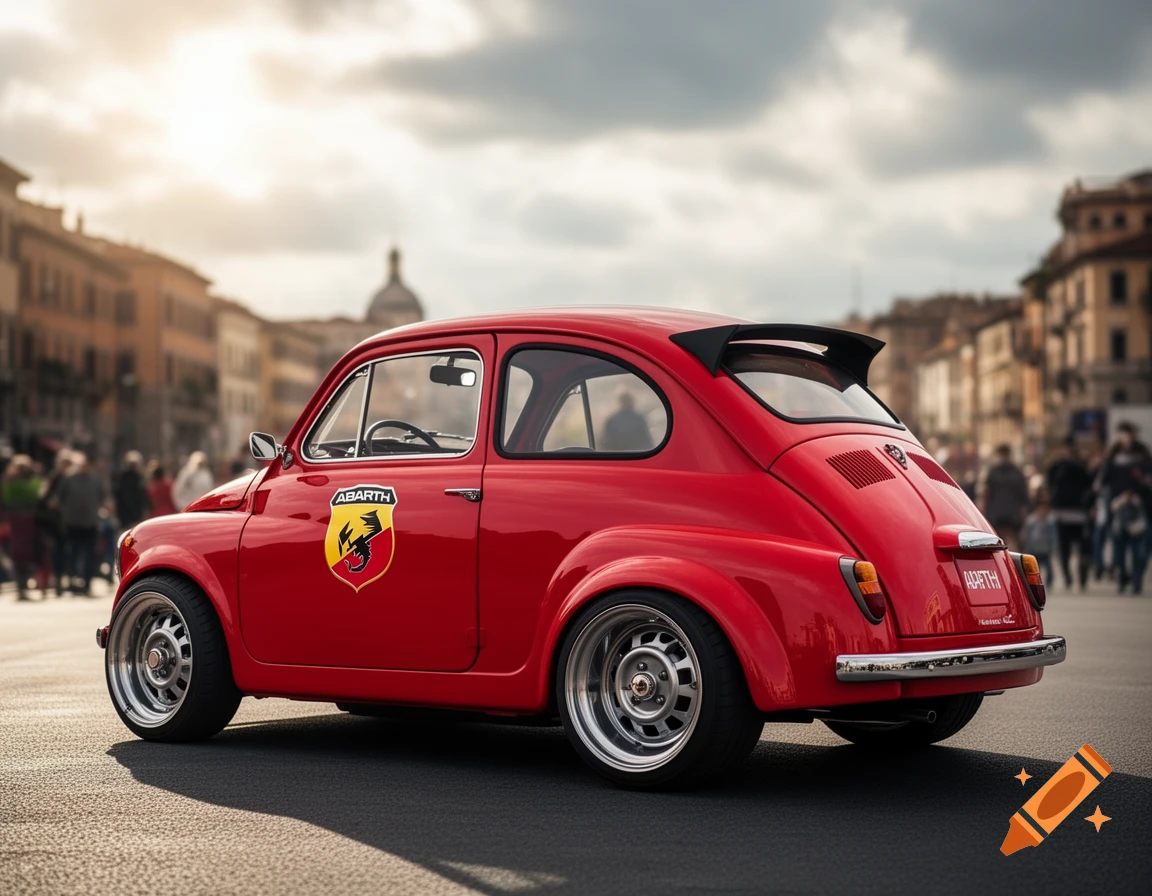 A red classic Abarth-branded car with wide wheels and a rear spoiler, parked on a city street on a sunny day.