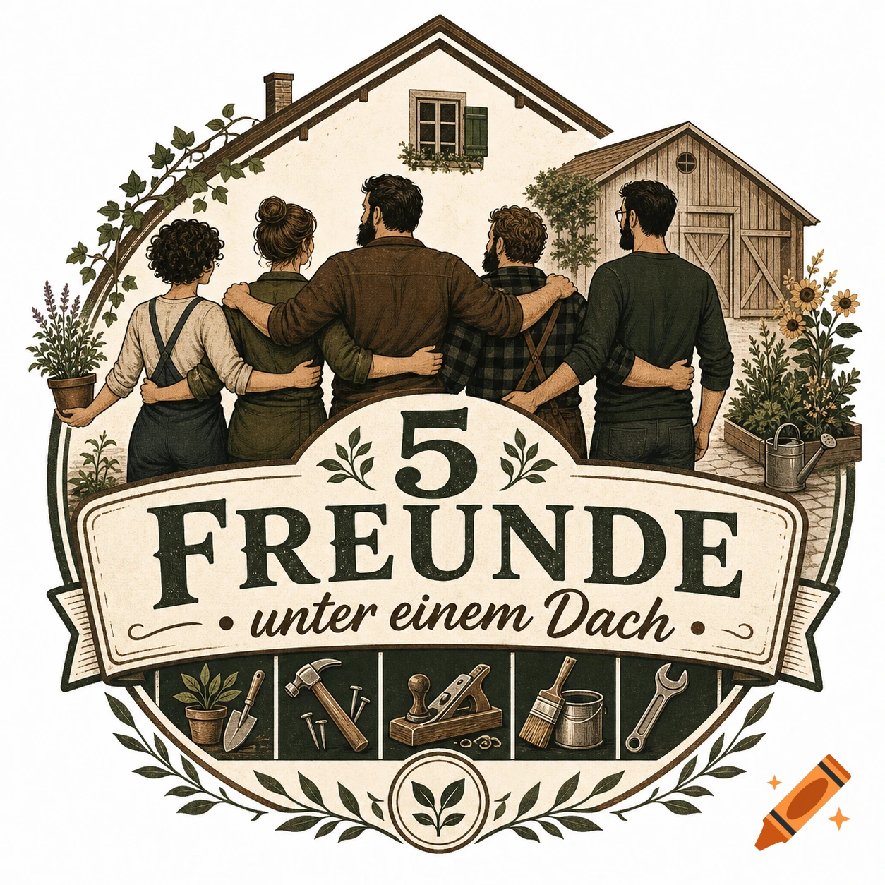 A rustic logo illustration depicting five friends embracing in front of a house and barn, with tools and plants in a banner below. Text says '5 FREUNDE unter einem Dach'.
