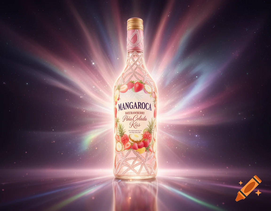 A glowing, pink patterned Mangaroca Batida Strawberry Piña Colada Kiss bottle stands majestically against a swirling, cosmic background with light rays.