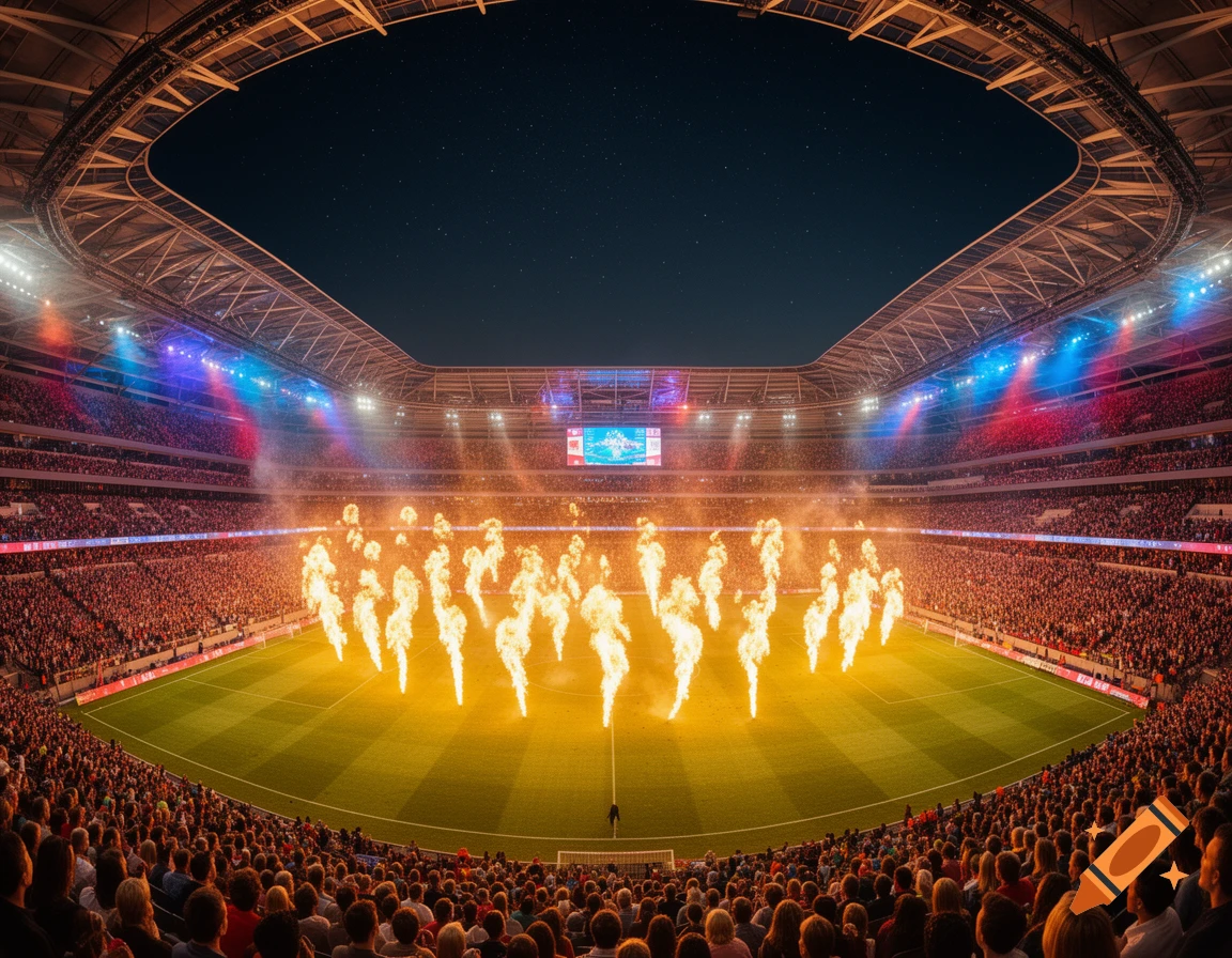A crowded stadium at night with pyrotechnic flames on the field, under a dark sky.