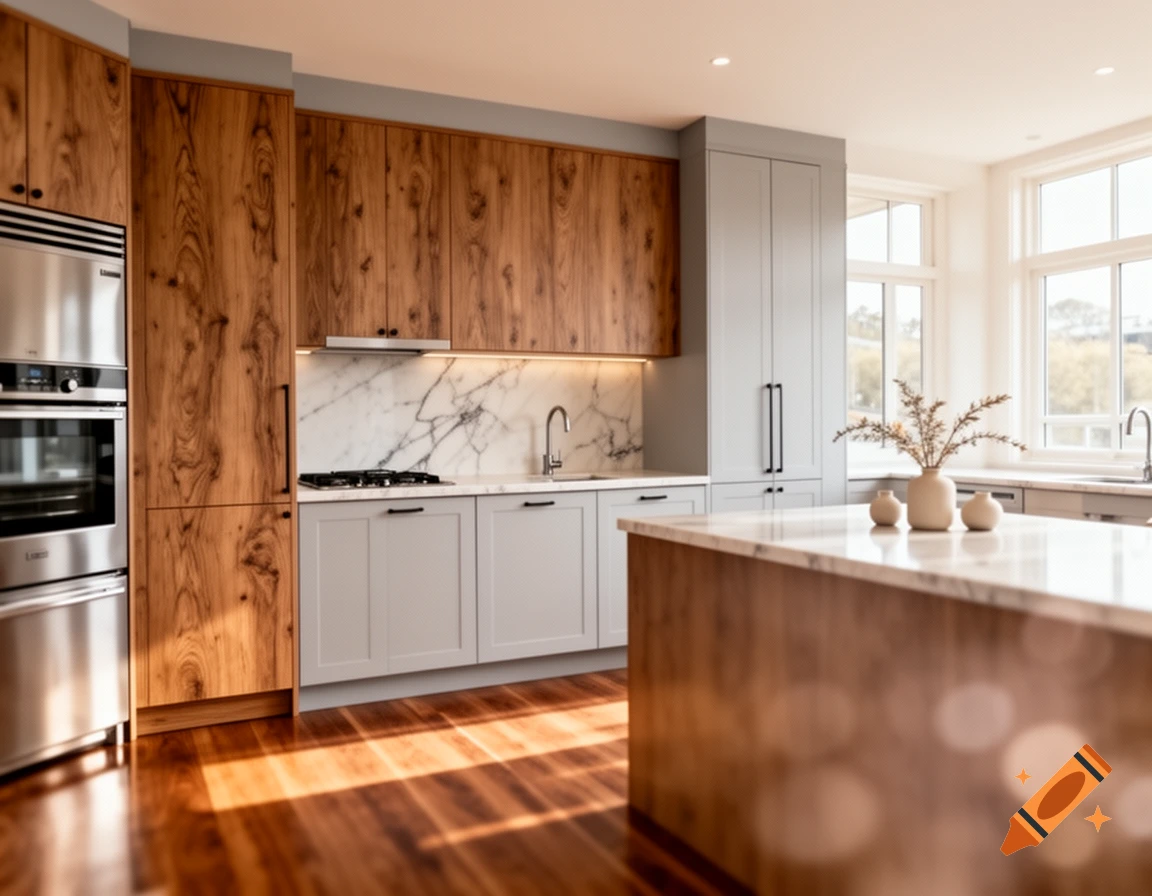 Modern kitchen with rich wood and light gray cabinets, marble countertops, stainless steel appliances, and a central island.