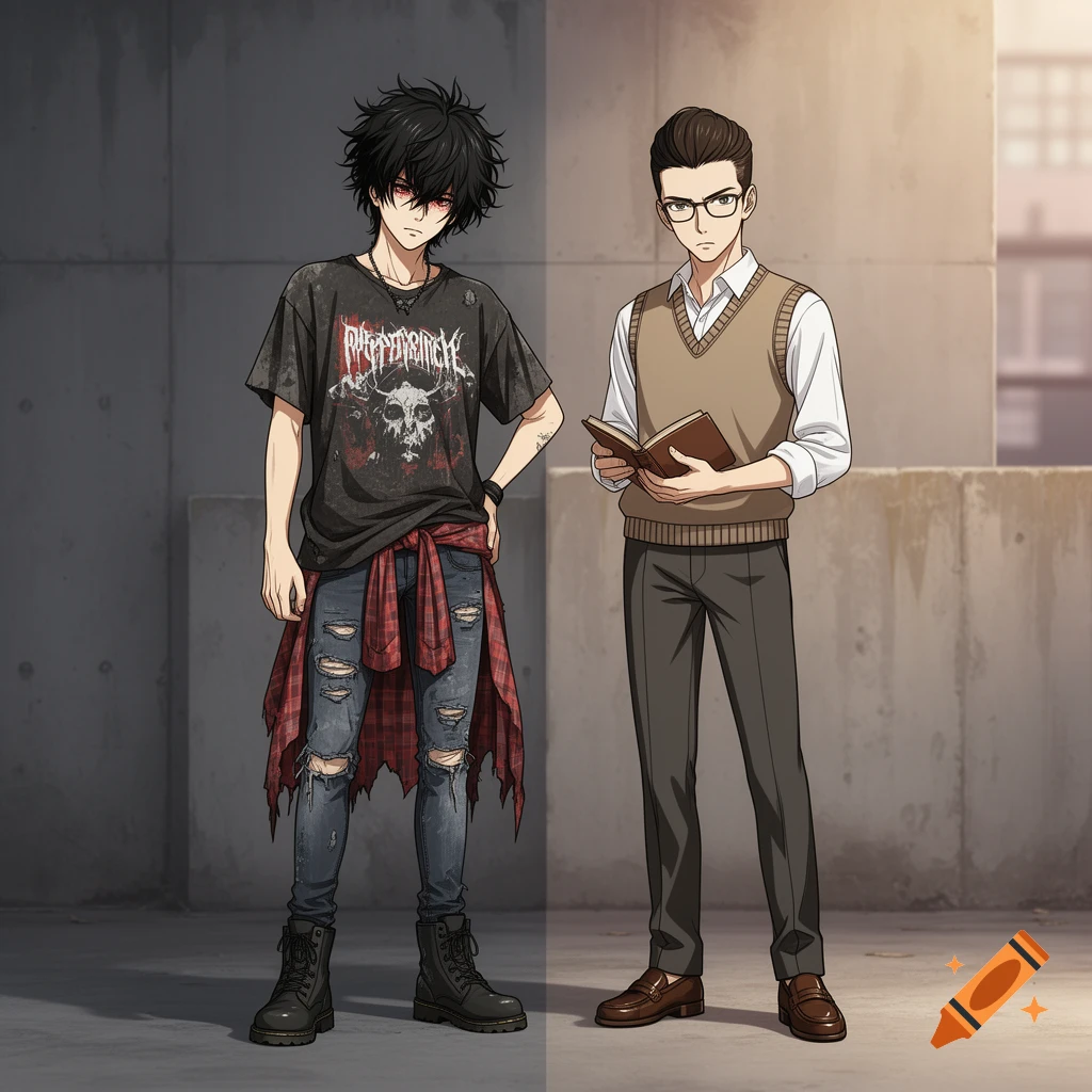 Two anime men stand side-by-side; one with black messy hair and a grunge style, the other with neatly combed hair, glasses, and an academic style, holding a book.